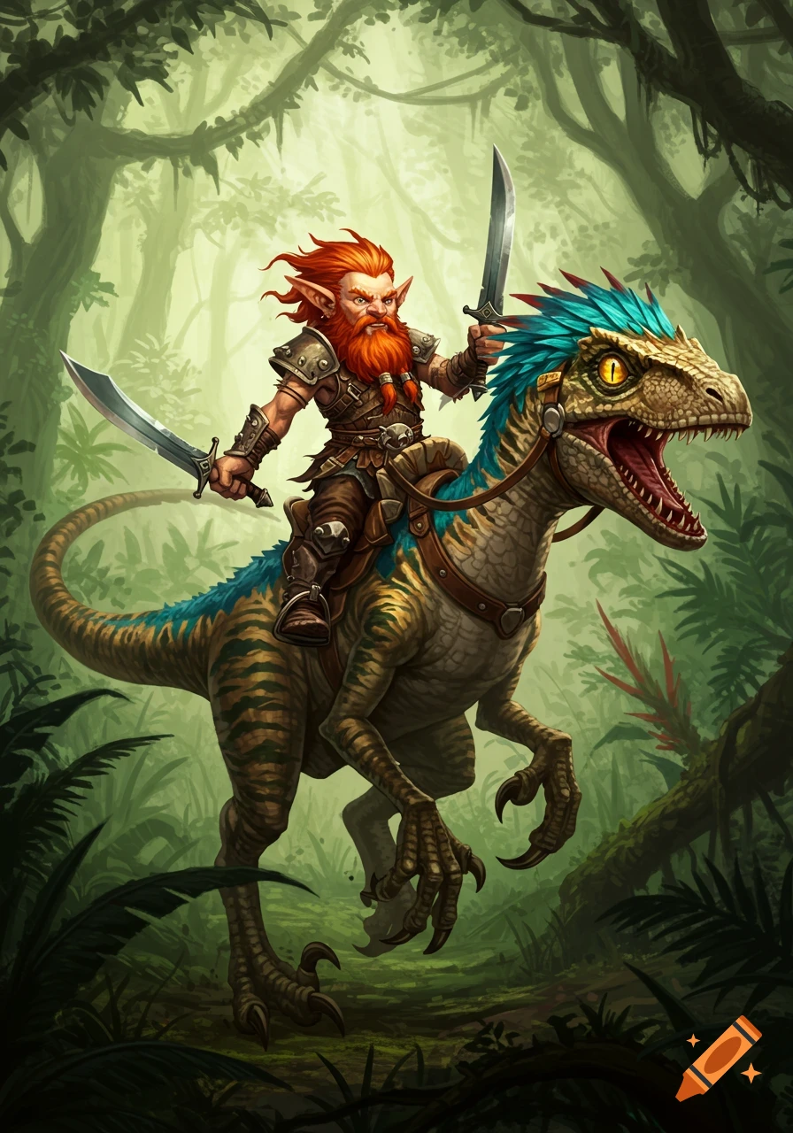 A red-haired gnome with two swords rides a raptor with blue feathers through a lush jungle, in an illustration style.