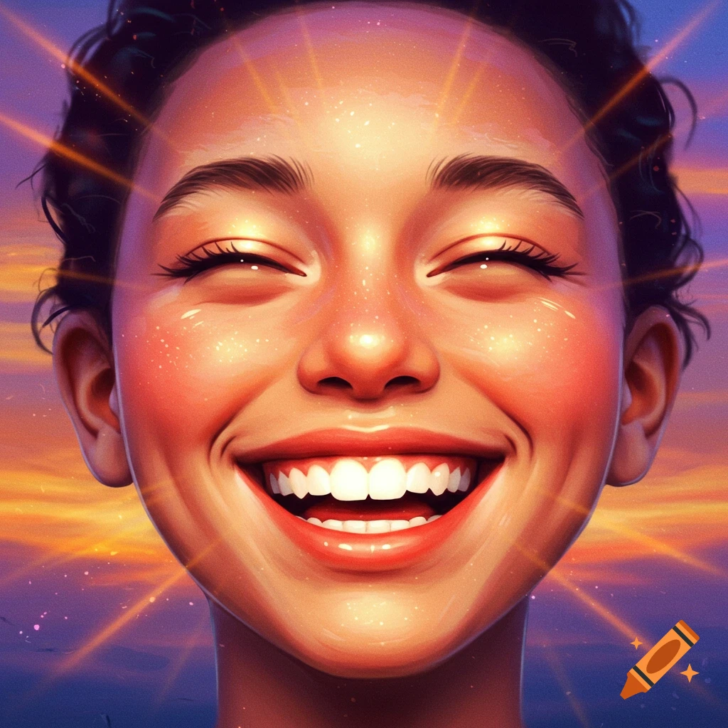 A vibrant, close-up portrait of a person with eyes closed, smiling widely, with light rays radiating around their head against a colorful sky.