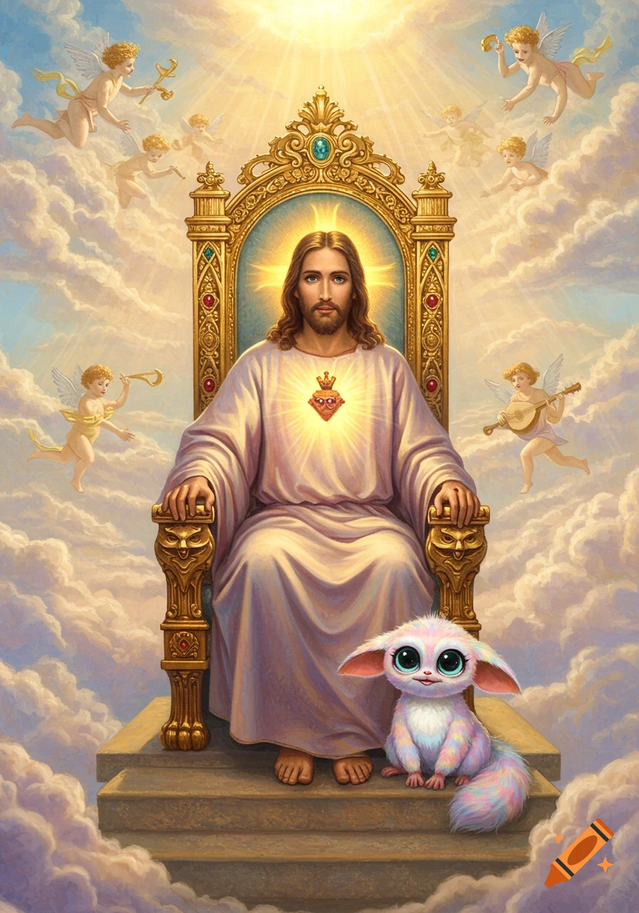 Photorealistic Jesus on a golden throne in heaven with cherubs and a fluffy, big-eyed fantasy creature at his feet.
