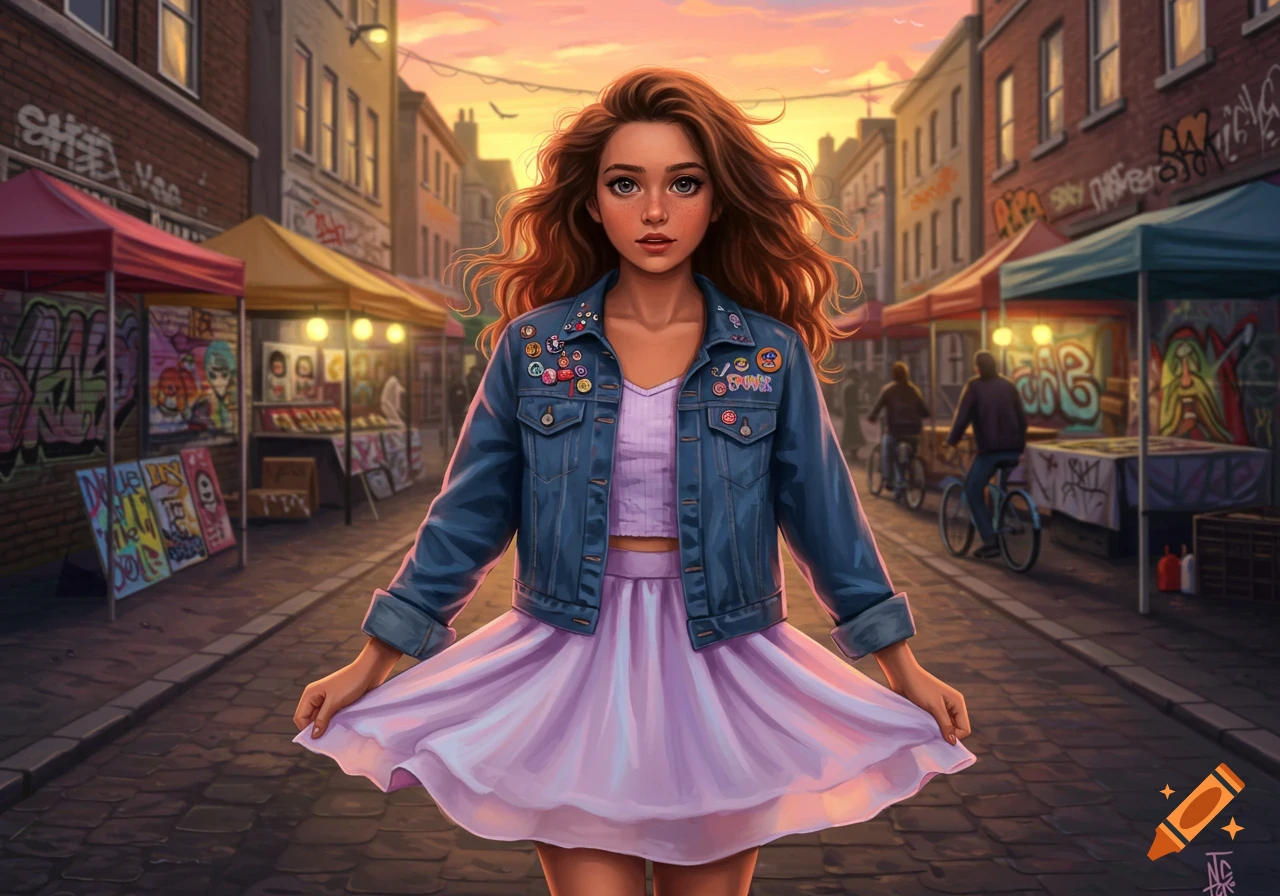 A vibrant digital painting of a smiling teen girl with long auburn hair and freckles, wearing a denim jacket with pins and a lilac skirt, standing in a lively street market at sunset.