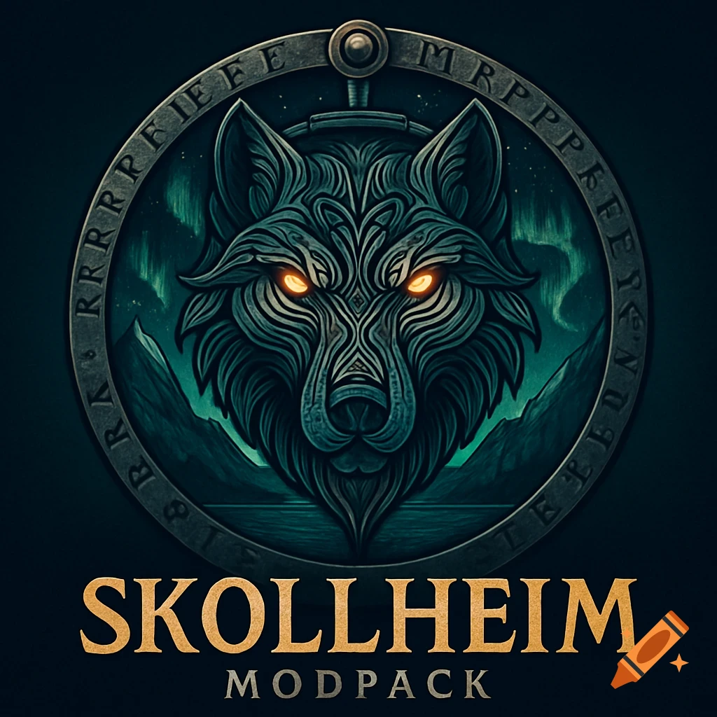 A stylized wolf head with glowing orange eyes, set within a circular metallic frame with runes, and text 'SKOLLHEIM MODPACK' below. Aurora borealis and mountains are in the background.