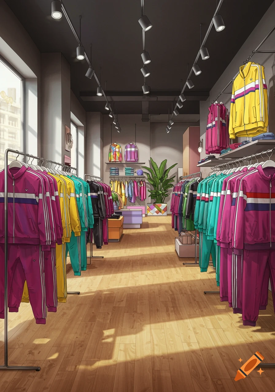 Bright interior of a clothing store with colorful tracksuits on display racks and a wooden floor.