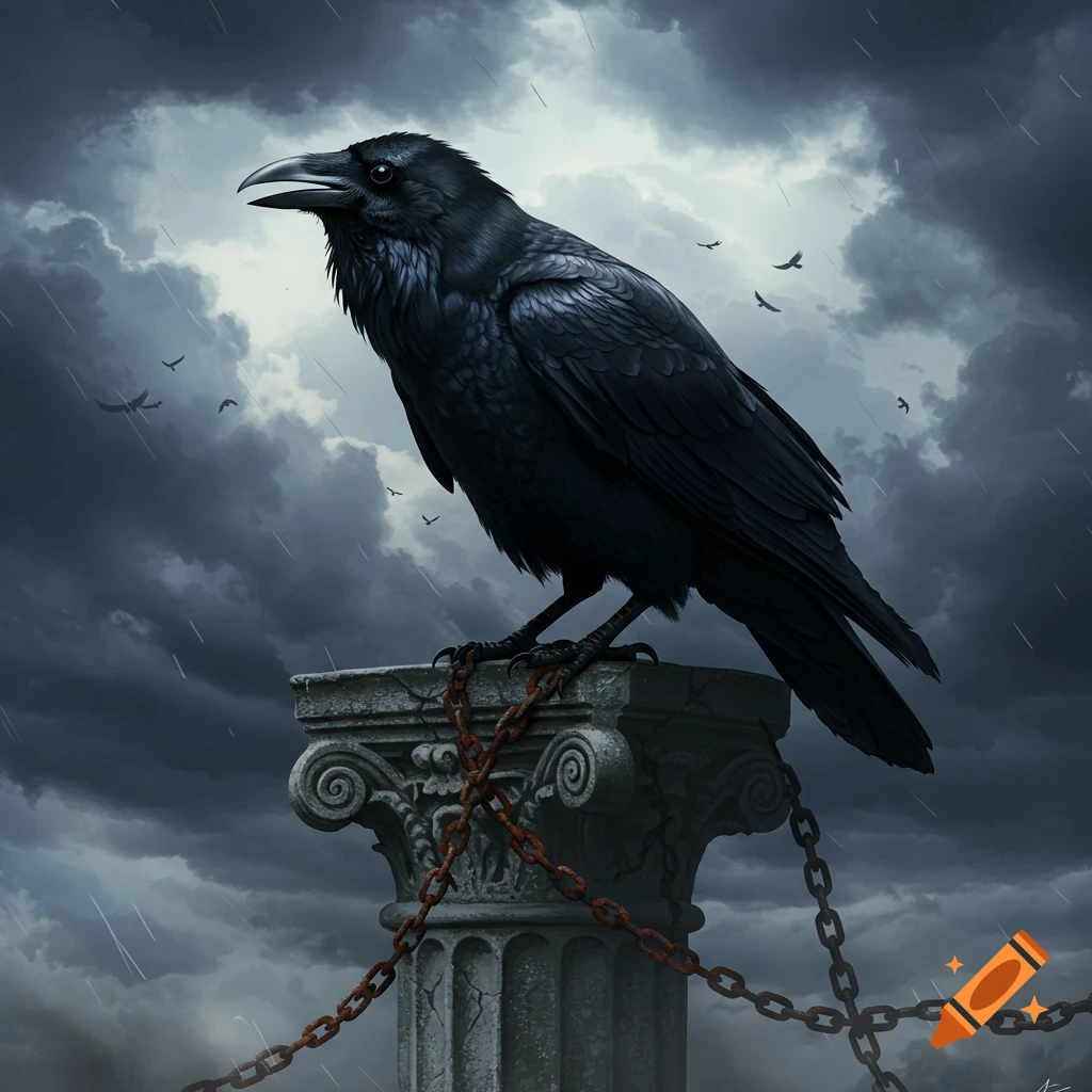 A large black raven perched on a weathered stone pillar wrapped in rusty chains under a dark, stormy sky with rain falling.