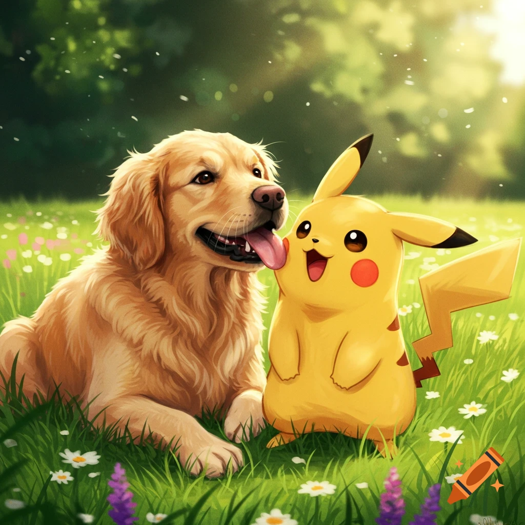 A golden retriever dog licks a happy Pikachu in a sunny, green field with flowers.
