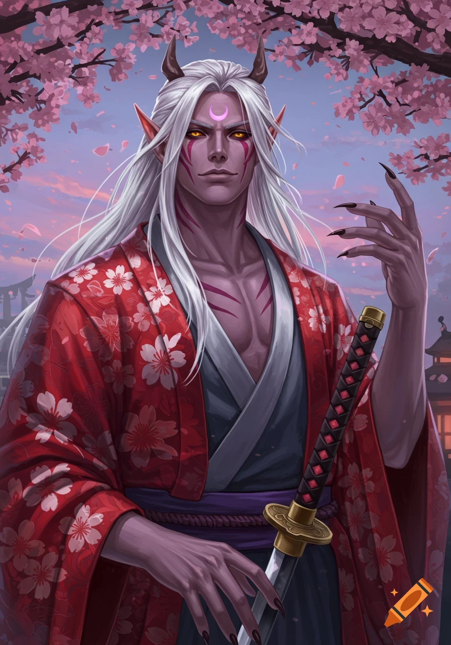 Fantasy character with long white hair, horns, purple skin, and golden eyes in a red sakura kimono, holding a sword under cherry blossoms.