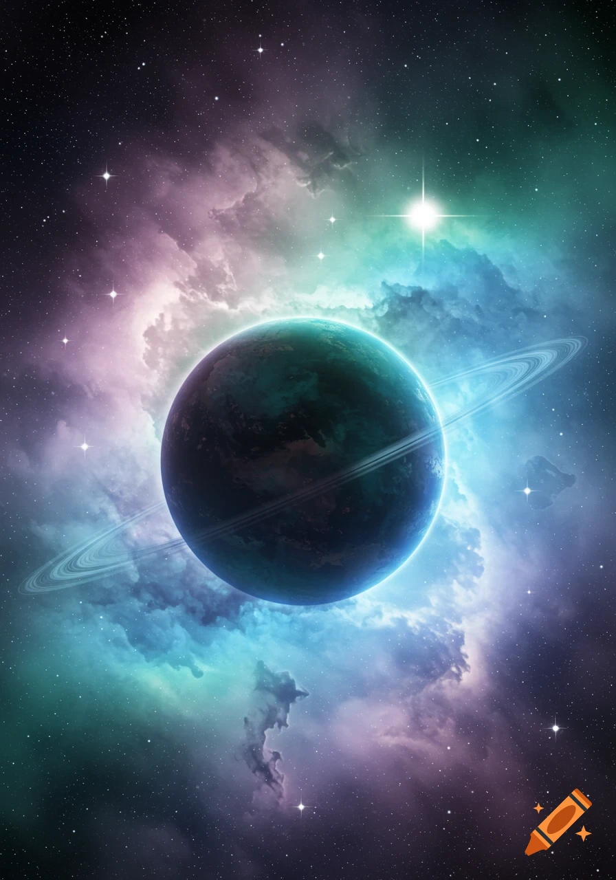 A vibrant planet with rings surrounded by colorful nebula clouds and stars in deep space.