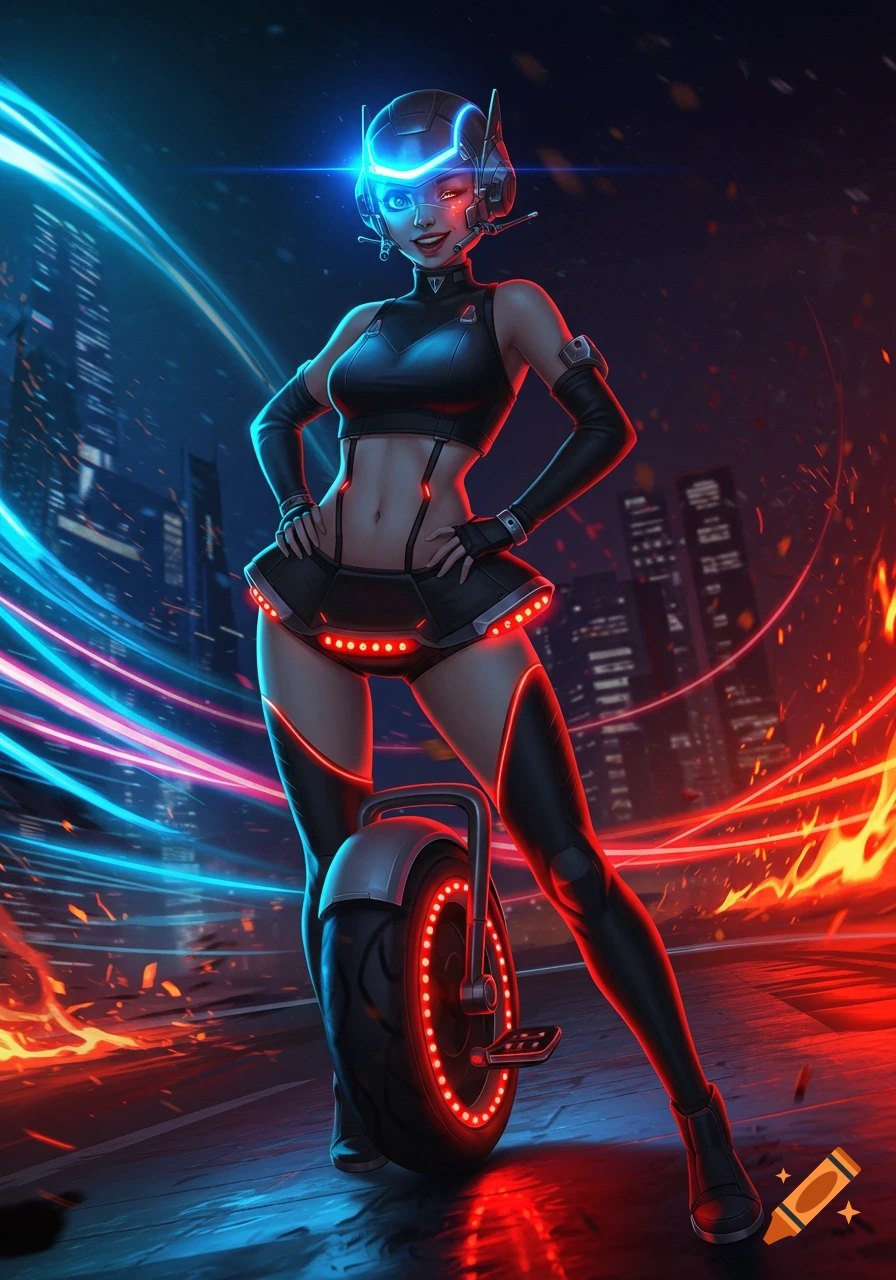 Anime style cyberpunk character with glowing helmet and red-lit outfit stands with a unicycle in a neon-lit futuristic city.