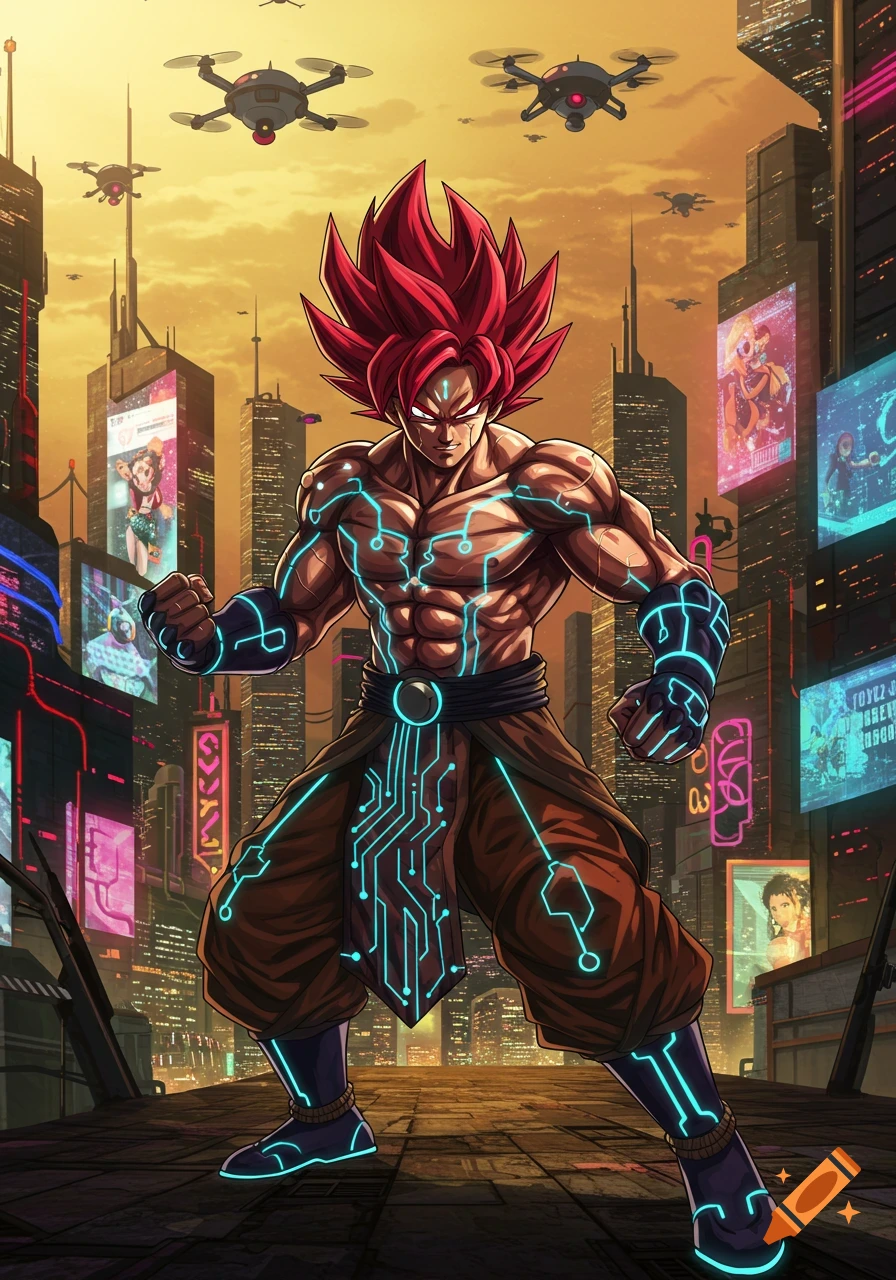 A buff, red-haired Goku-like character with glowing blue circuit patterns on his body, standing in a futuristic cyberpunk city with flying drones and bright billboards.