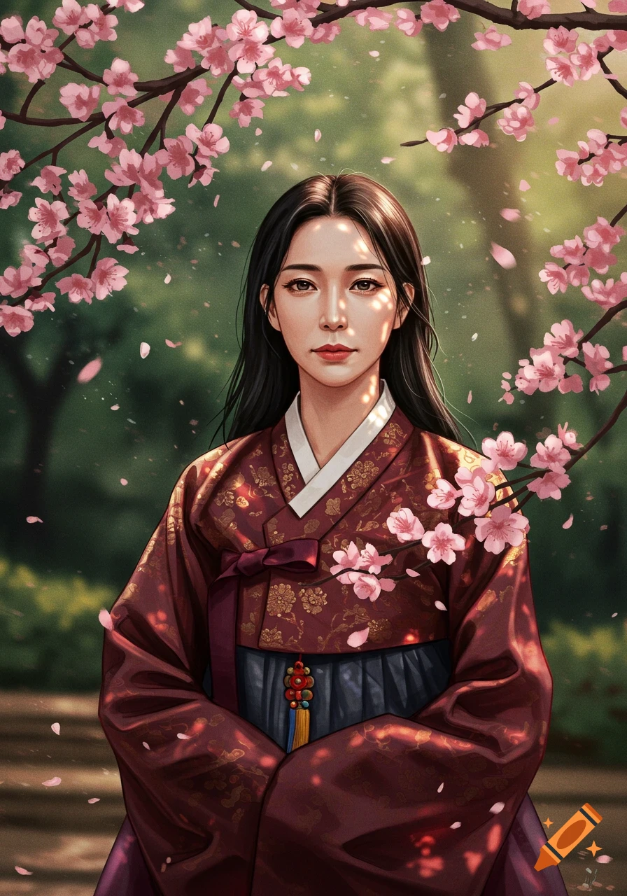 A digital art portrait of a Korean woman in a hanbok, standing among pink cherry blossoms.