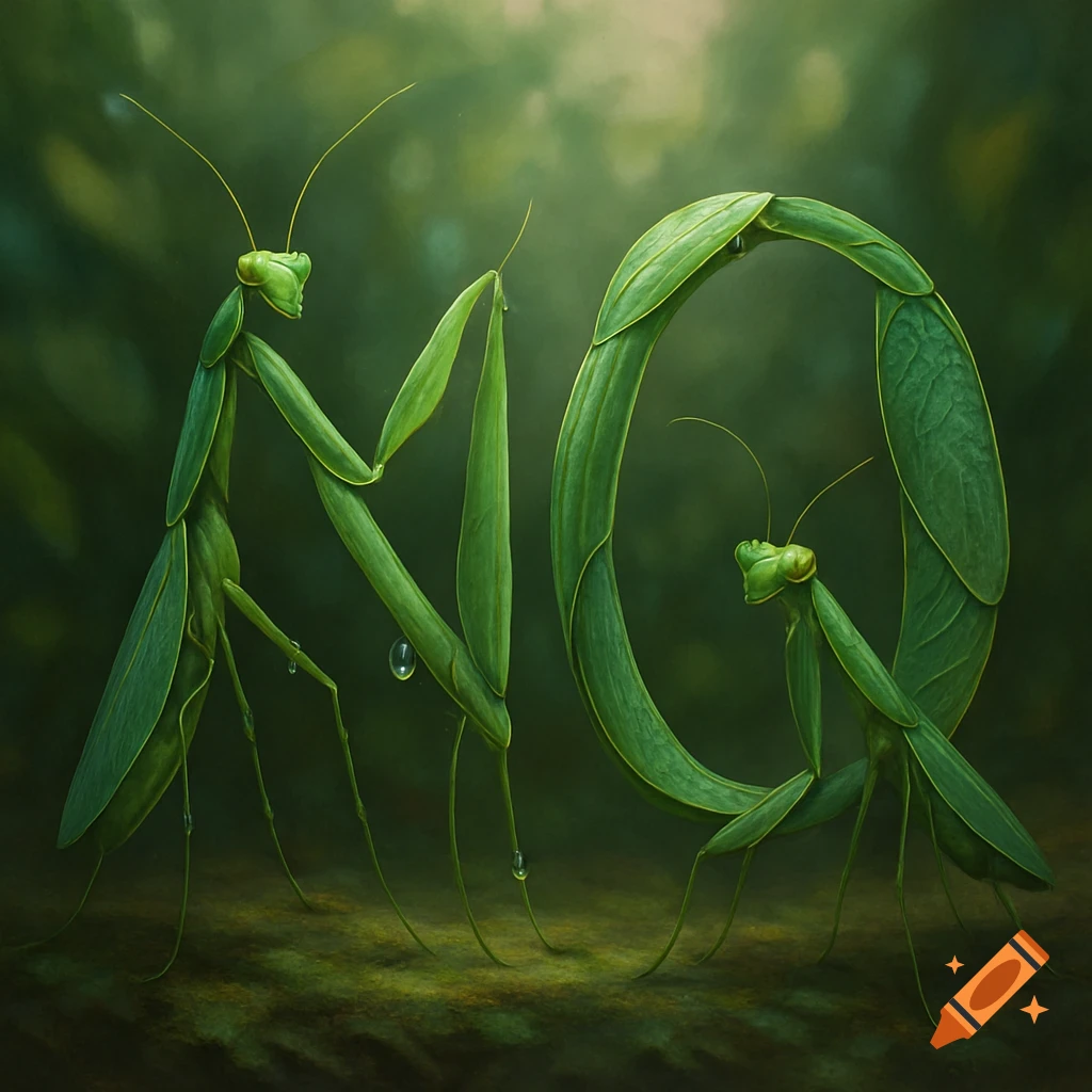 Two green praying mantises and leaves form the word 'NO' against a dark green natural background.
