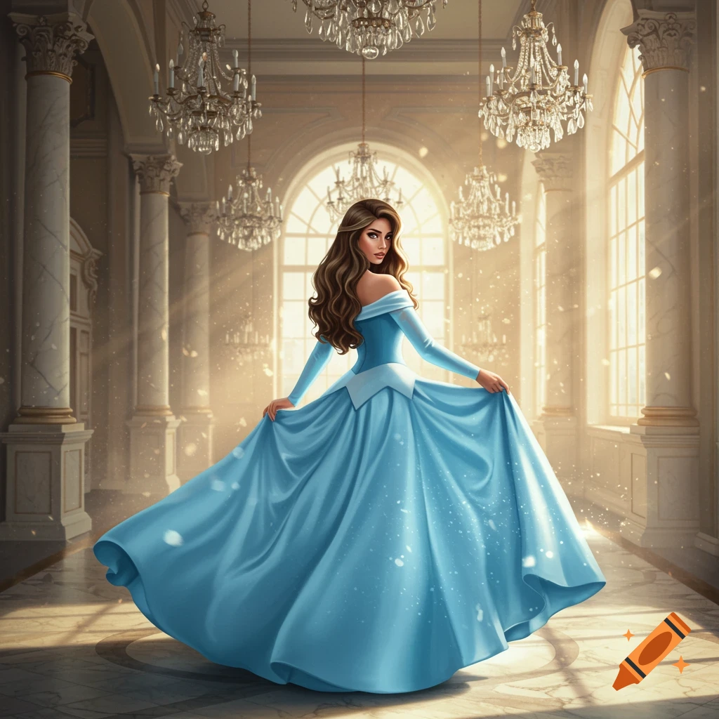 A woman with long brown hair in a flowing light blue off-shoulder gown stands in a grand palace ballroom with chandeliers and sunlit windows.