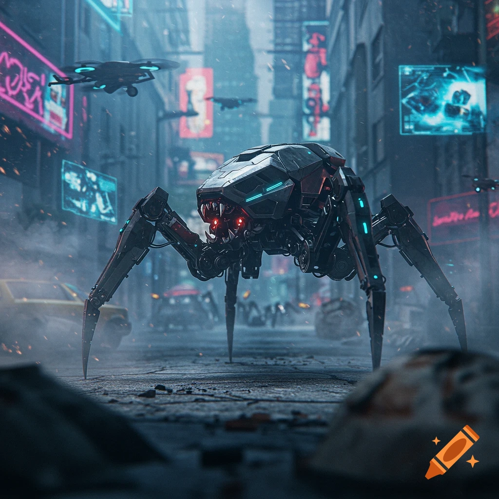 A menacing, multi-legged spider robot with glowing red eyes stands on a dark, futuristic city street with neon signs and drones.