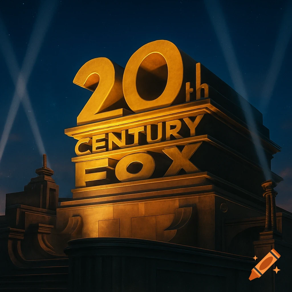 A golden 20th Century Fox logo structure stands against a dark blue sky with bright searchlights.