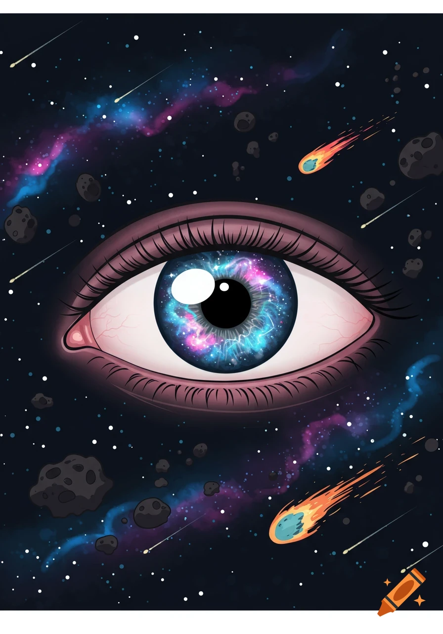 A cartoon human eye with a galaxy as its iris, surrounded by stars, planets, and shooting comets in outer space.