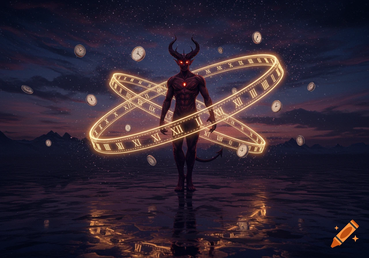 A horned demon with red eyes stands under a starry sky, surrounded by glowing rings with Roman numerals and floating clocks.