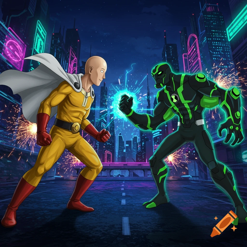 Saitama and Ben 10 face off in a neon city at night.