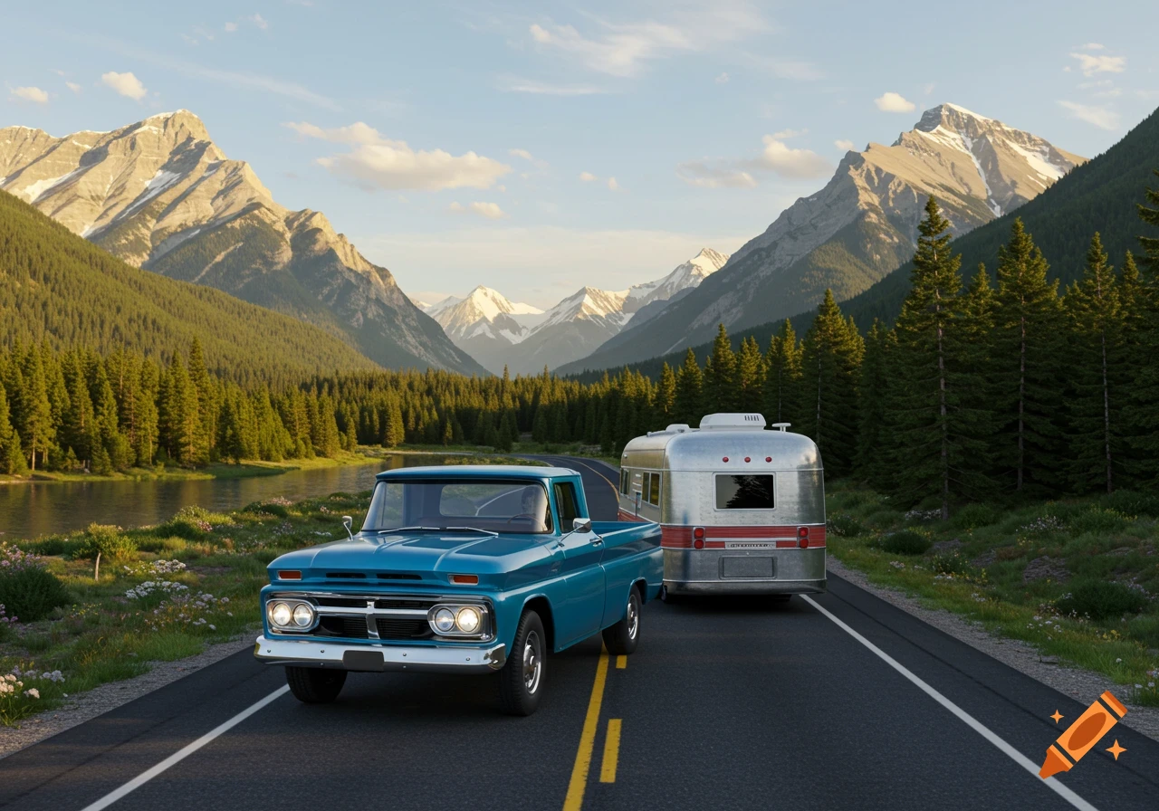 A blue pickup truck pulls a silver travel trailer on a highway through a mountainous landscape with a lake and pine forests.