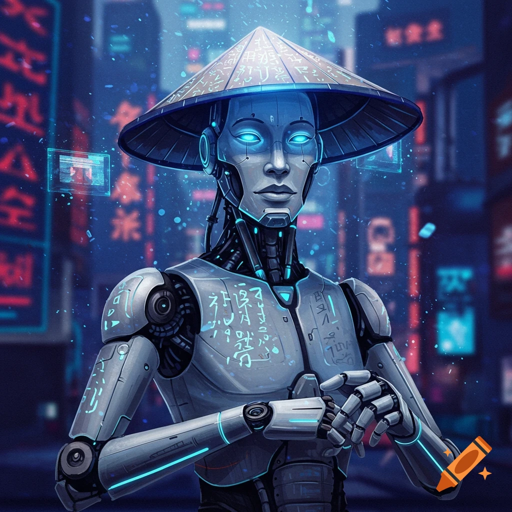 A futuristic robot with glowing blue eyes wears a conical hat, standing in a neon-lit cyberpunk city at night.