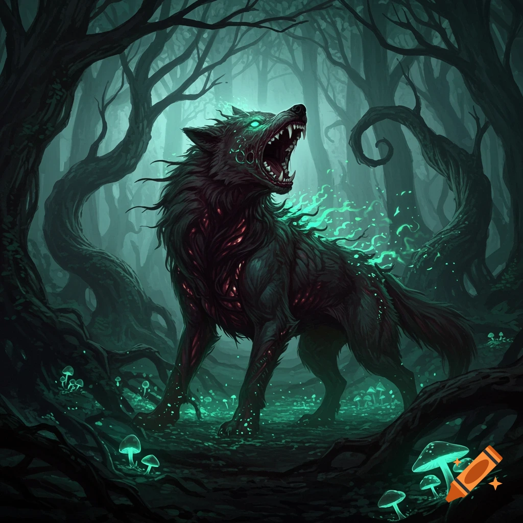 An eldritch wolf with glowing eyes and red markings roars in a dark, eerie forest with glowing green mushrooms. Dark fantasy illustration.