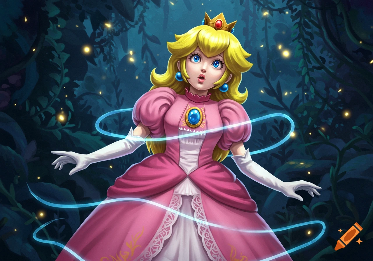 Stylized illustration of Princess Peach in a pink dress and crown, frozen in a pose with glowing blue lines, in a dark, magical forest.