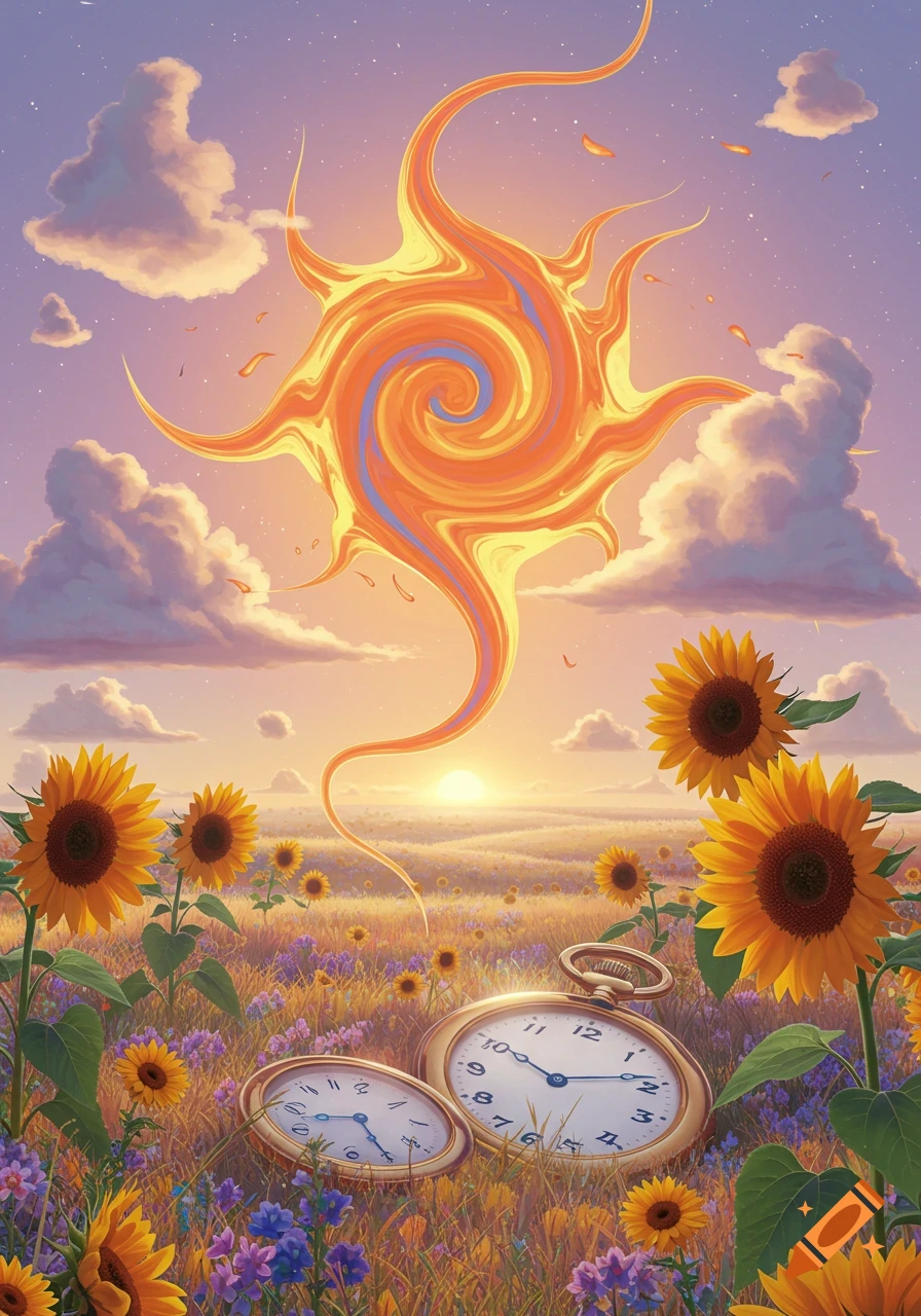 A surreal landscape with a swirling, abstract sun over a field of sunflowers and oversized pocket watches at sunset.