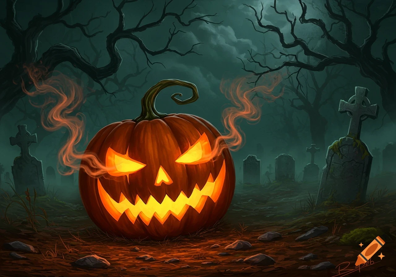 A scary glowing jack-o'-lantern with smoke in a dark, misty graveyard at night, surrounded by tombstones and bare trees.