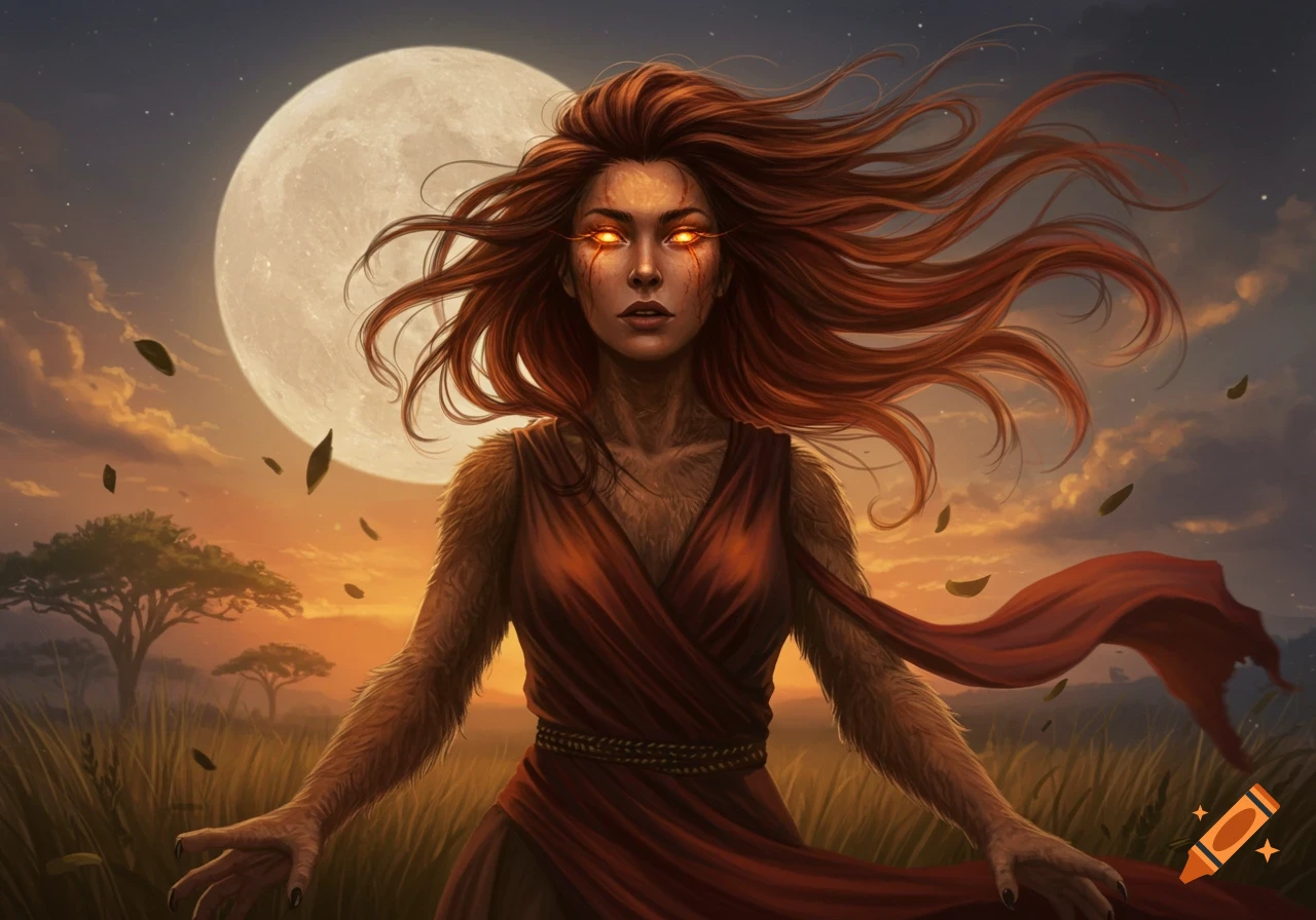 A woman with glowing orange eyes and fur transforms into a were-lioness under a full moon in a grassy field at sunset.