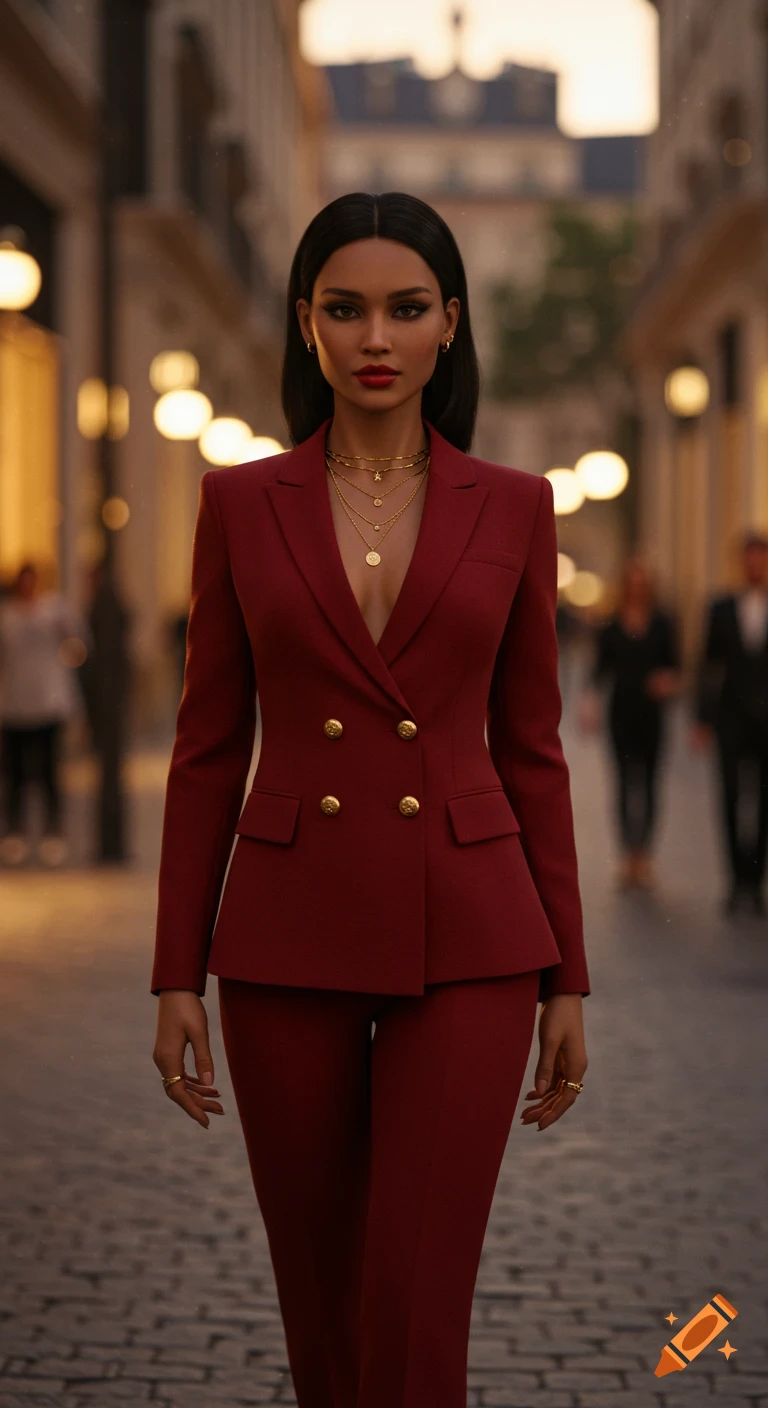 A confident woman in a deep red power suit and gold jewelry walks down an upscale city street at golden hour, photorealistic style.