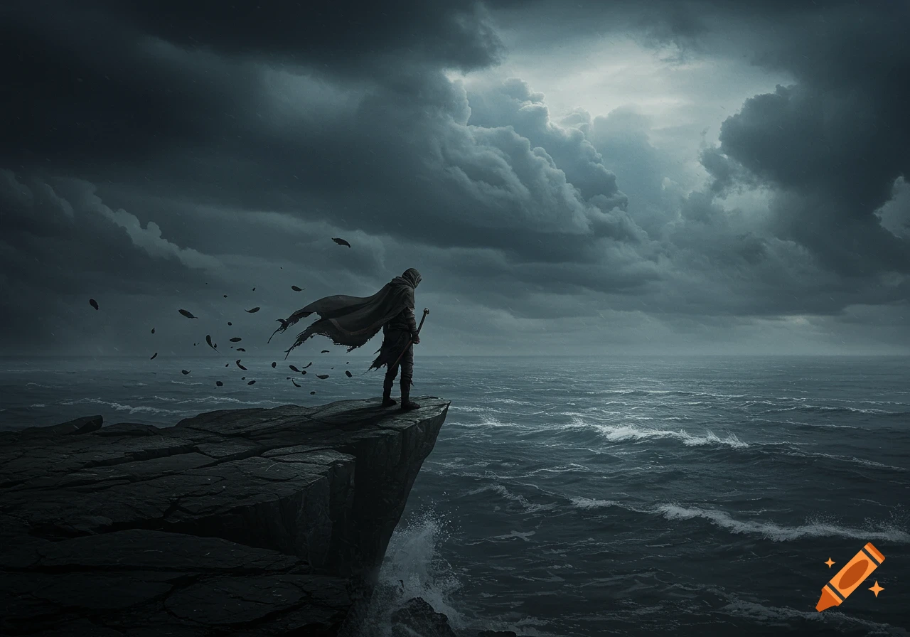 A cloaked figure stands on a cliff overlooking a stormy, dark ocean under a dramatic cloudy sky.