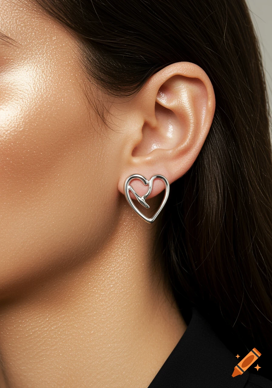 Close-up of a woman's ear with a silver heart-shaped earring and bronzed skin.