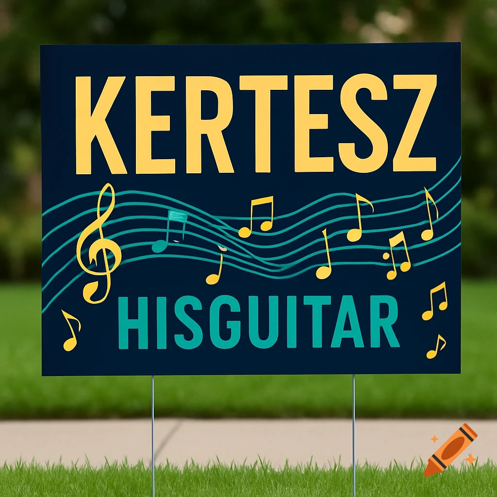 A dark blue yard sign with yellow text 'KERTESZ' and teal text 'HISGUITAR', decorated with musical notes, standing on green grass.