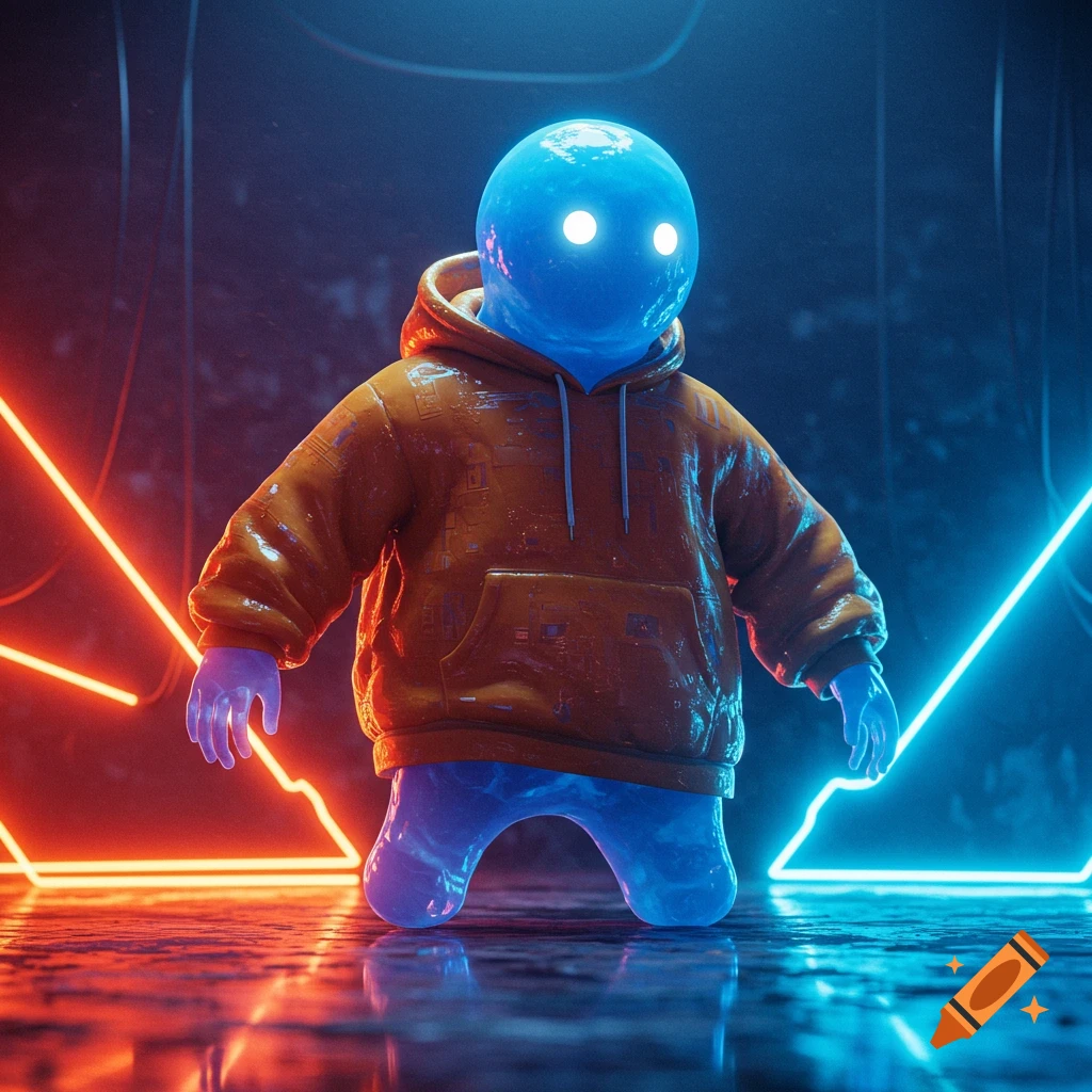 A blue, translucent, blob-like character with glowing white eyes wearing an orange hoodie, kneeling in a dark room with red and blue neon lights.