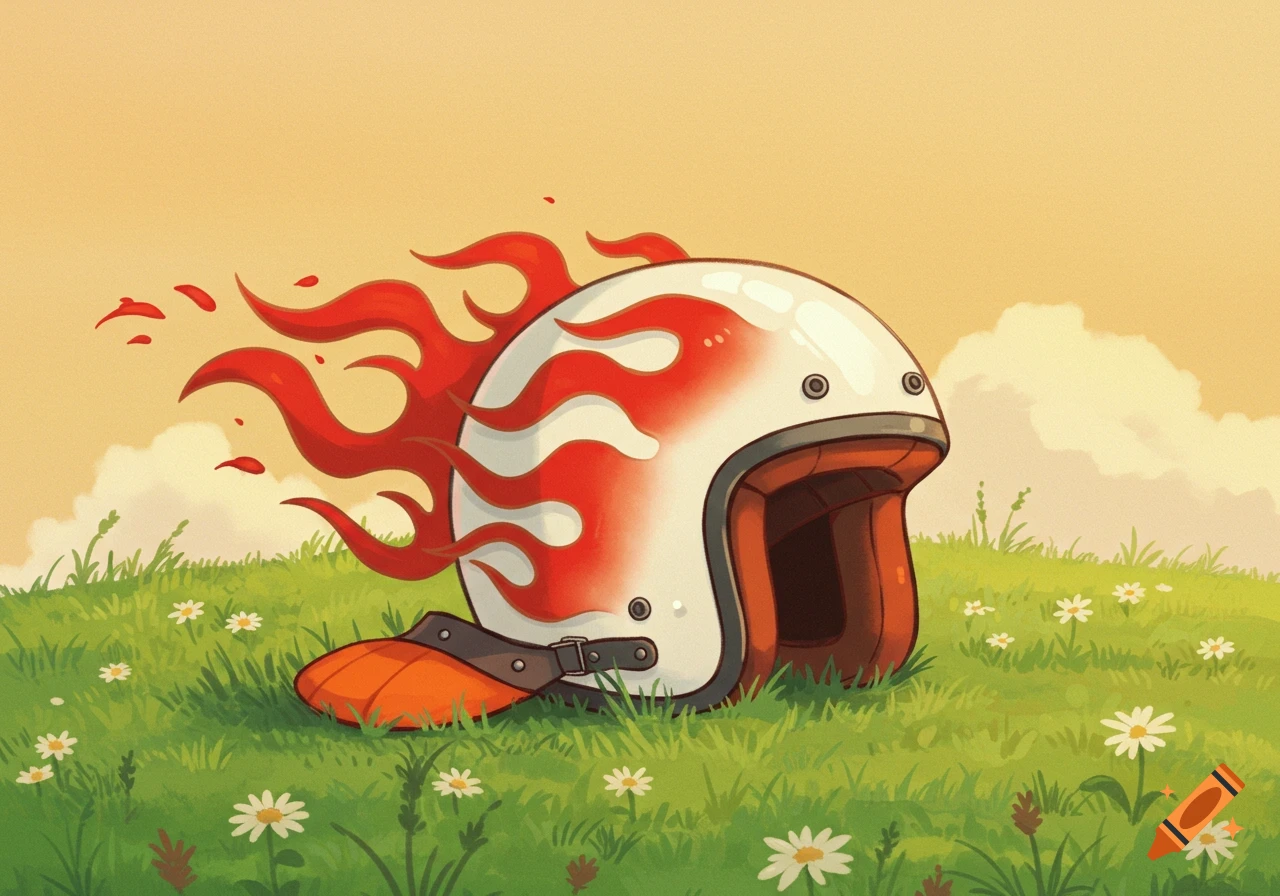 A white motorcycle helmet with red flames and an orange visor rests in a green grassy field with daisies, Ghibli style.