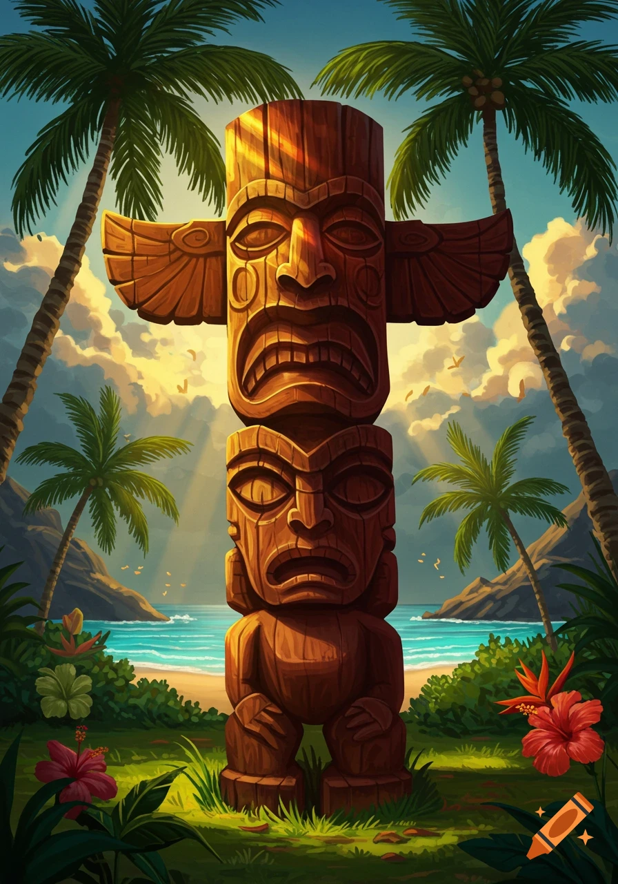 A tall wooden tiki totem on a tropical beach with palm trees, blue ocean, and mountains under a bright sky.