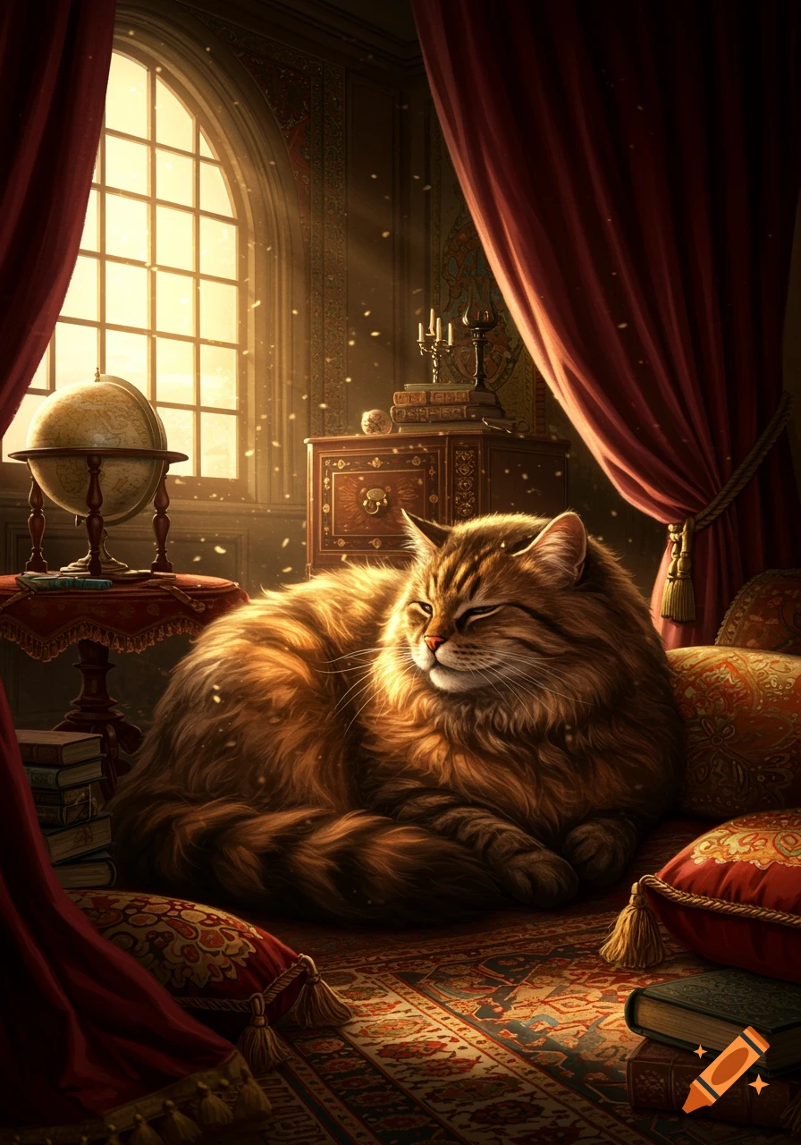 A fluffy tabby cat naps in a sunlit opulent room with red curtains, a globe, and books.