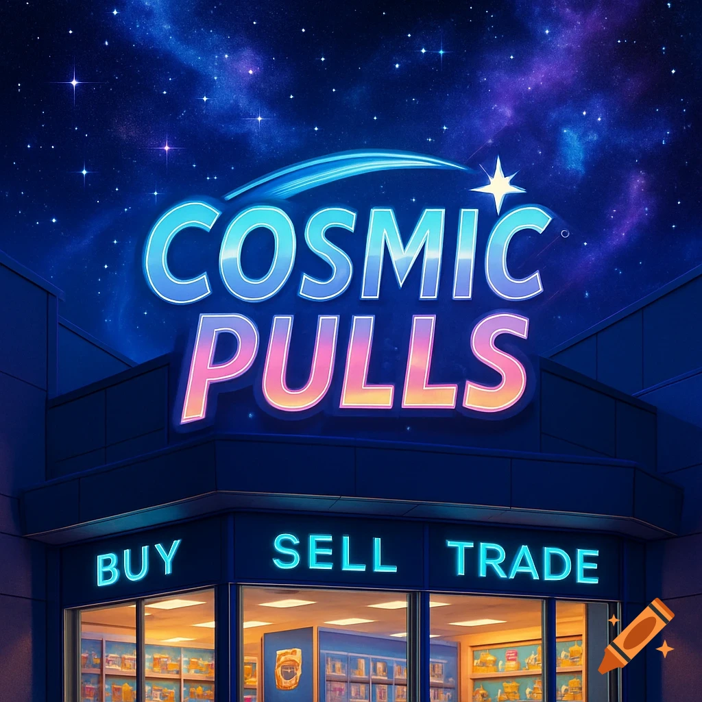 A stylized storefront with a neon sign that reads 'COSMIC PULLS' and 'BUY SELL TRADE' under a starry, cosmic night sky.