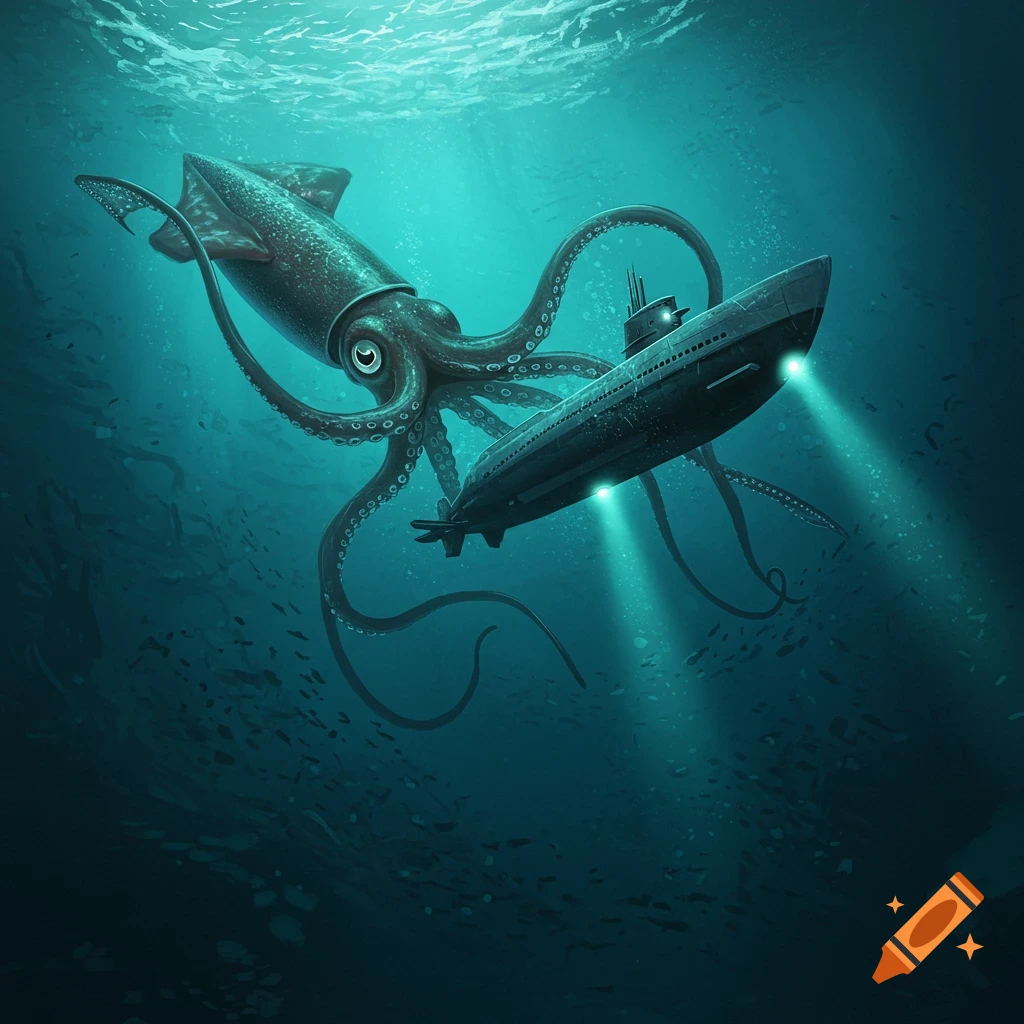 A giant squid looms over a submarine underwater, illuminated by the submarine's lights.