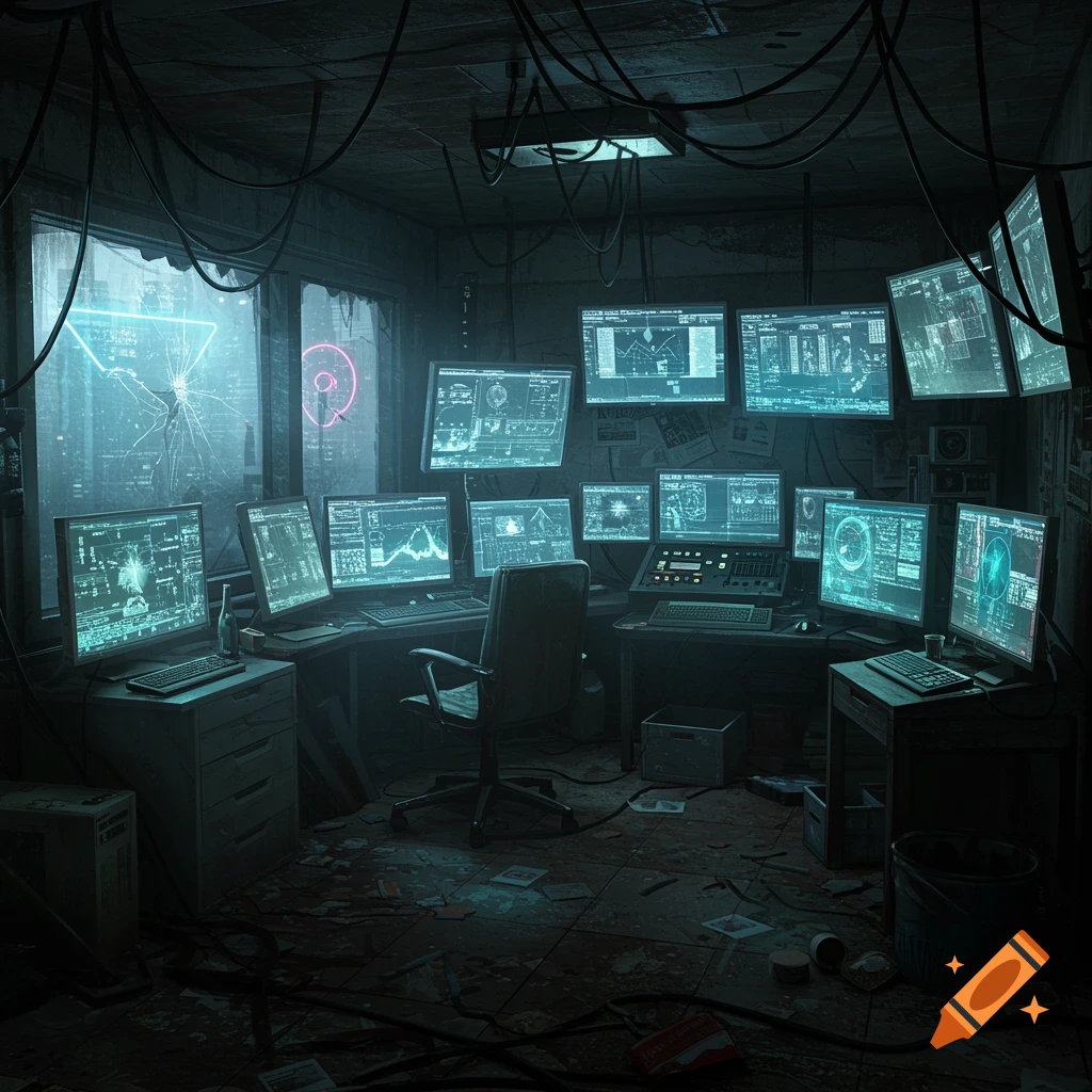 A dimly lit, messy dystopian apartment filled with glowing computer monitors displaying technical data, wires, and broken equipment, with a cracked window overlooking a futuristic city.
