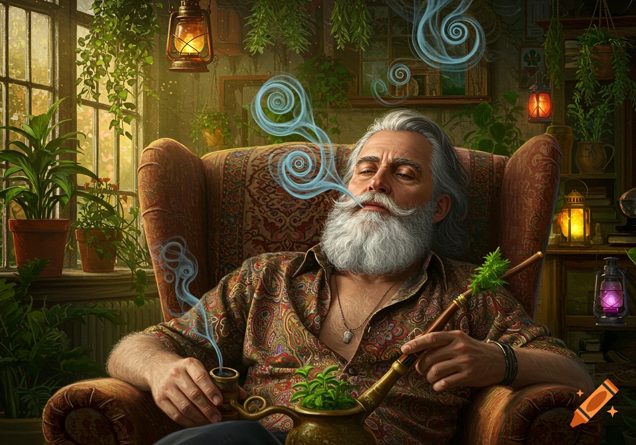 A grey-haired man with a long beard and mustache sits in an armchair, smoking a pipe with stylized blue smoke, surrounded by lush green plants in a sunlit room.