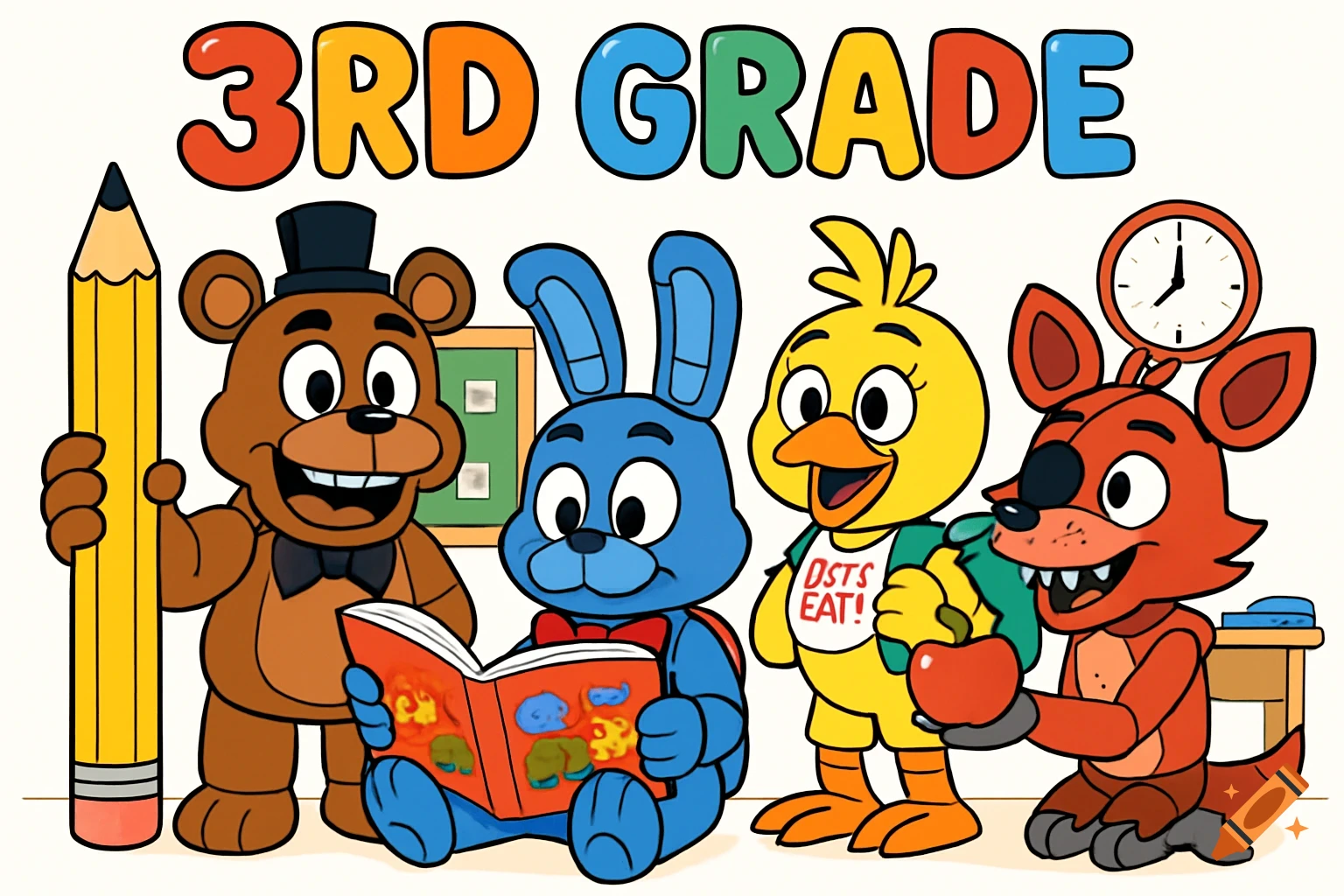 A cartoon illustration of Freddy Fazbear, Bonnie, Chica, and Foxy from Five Nights at Freddy's in a school setting under the text '3RD GRADE'. Freddy holds a pencil, Bonnie reads a book, Chica wears a backpack, and Foxy holds an apple.