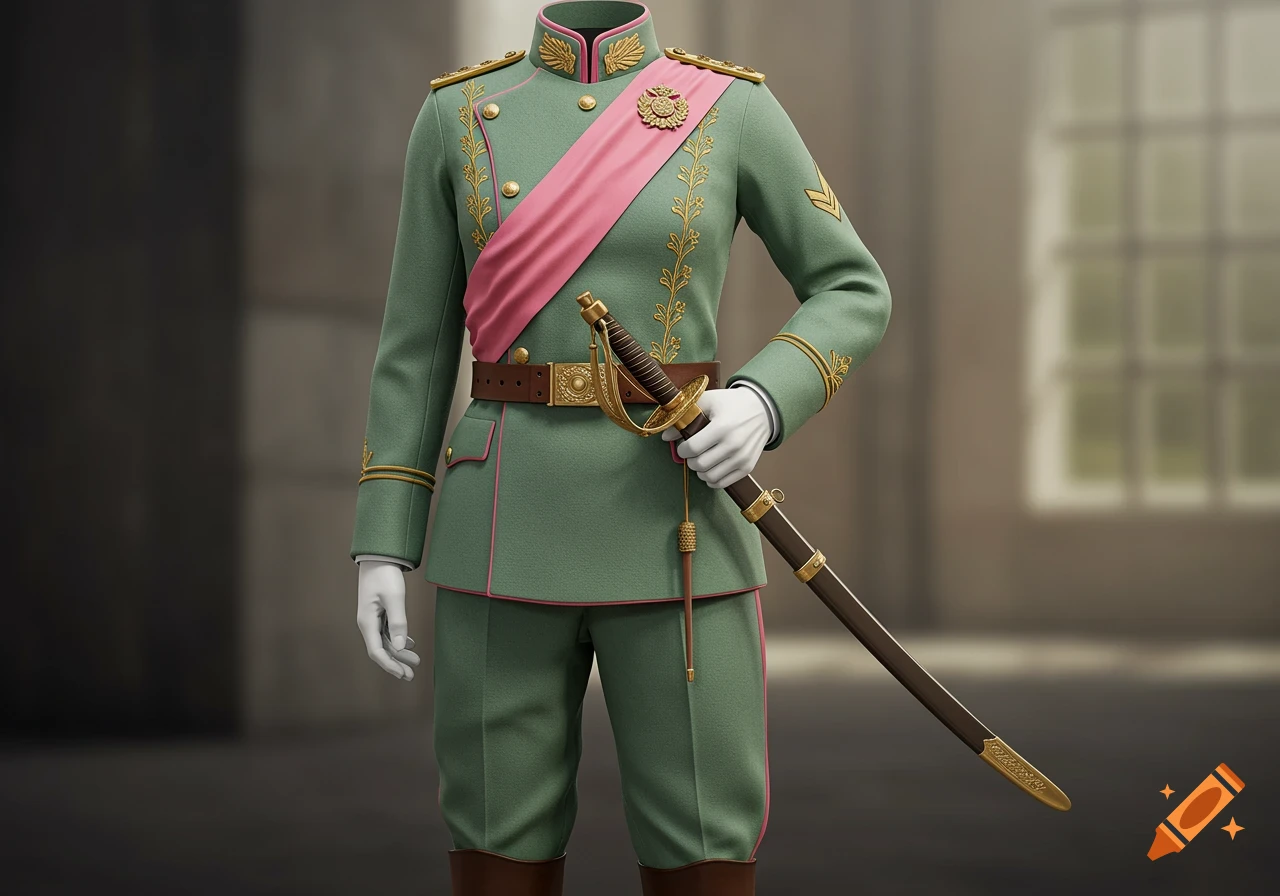 Photorealistic image of a light green and pink military dress uniform with gold embroidery and a sash, holding a sword.