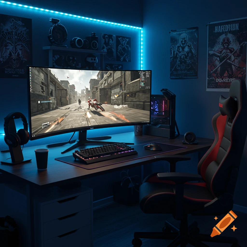 A detailed photorealistic image of a gaming setup with a large monitor, mechanical keyboard, gaming chair, and blue LED lighting in a dark room.