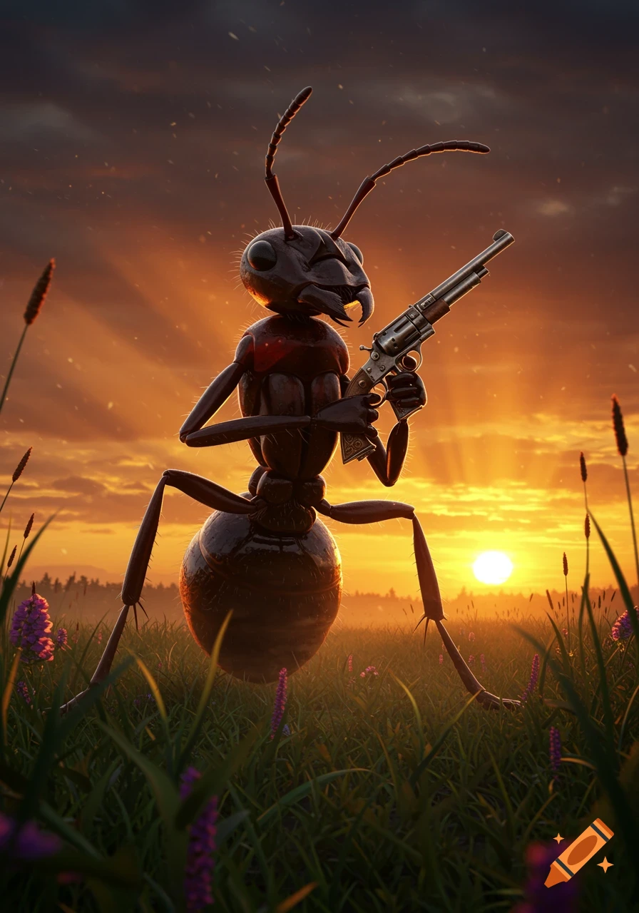 A large, photorealistic ant stands upright holding a revolver in a grassy field at sunset with golden light rays filling the sky.