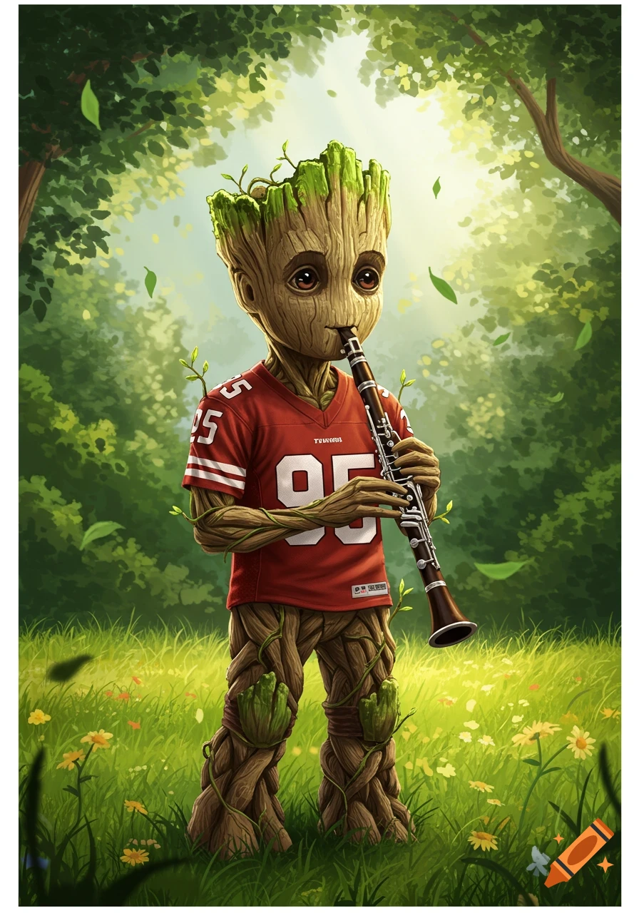 Baby Groot, a tree-like creature, wears a red football jersey with the number 95 and plays a clarinet in a lush green forest.