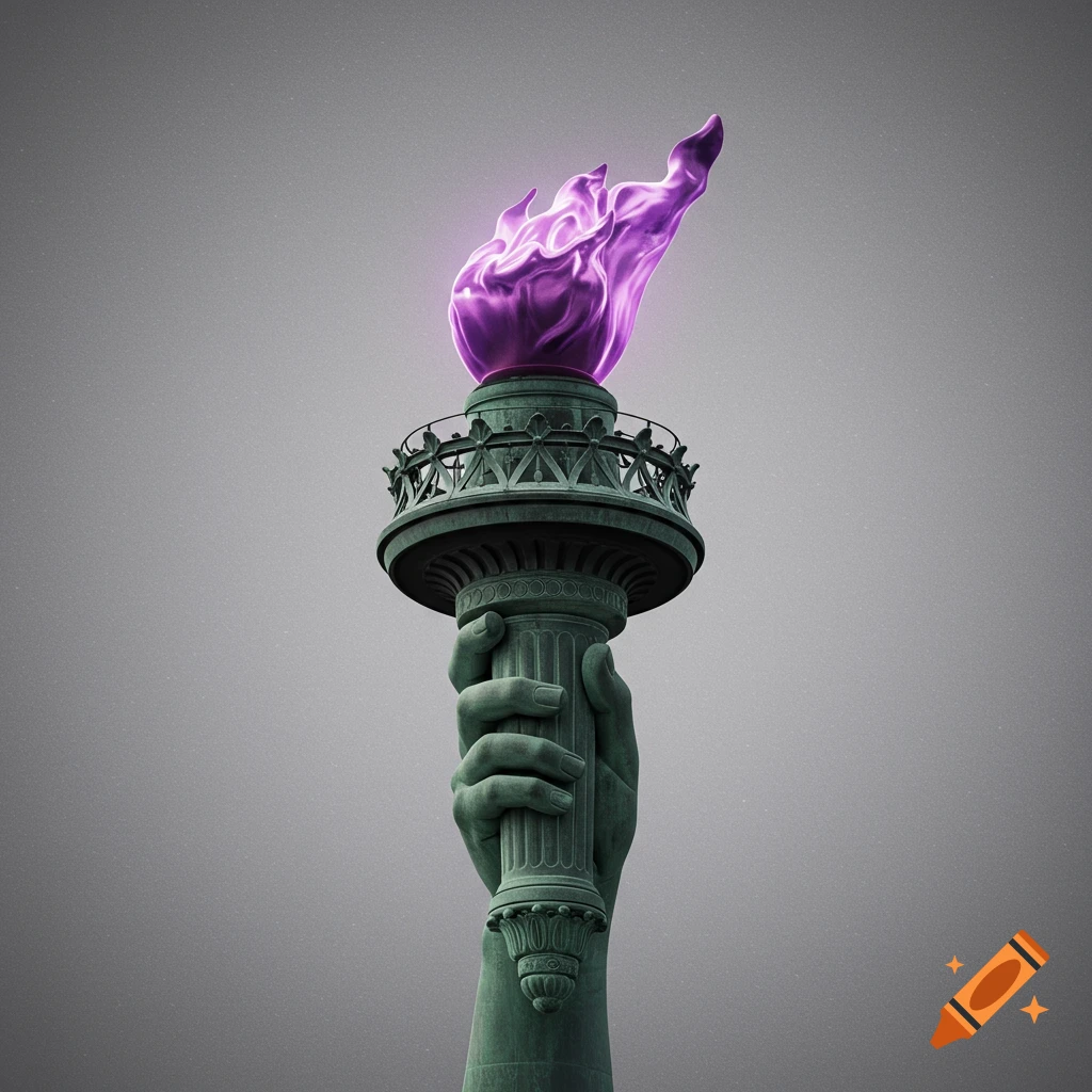 Photorealistic image of the Statue of Liberty's torch with a vibrant purple flame against a grey background.