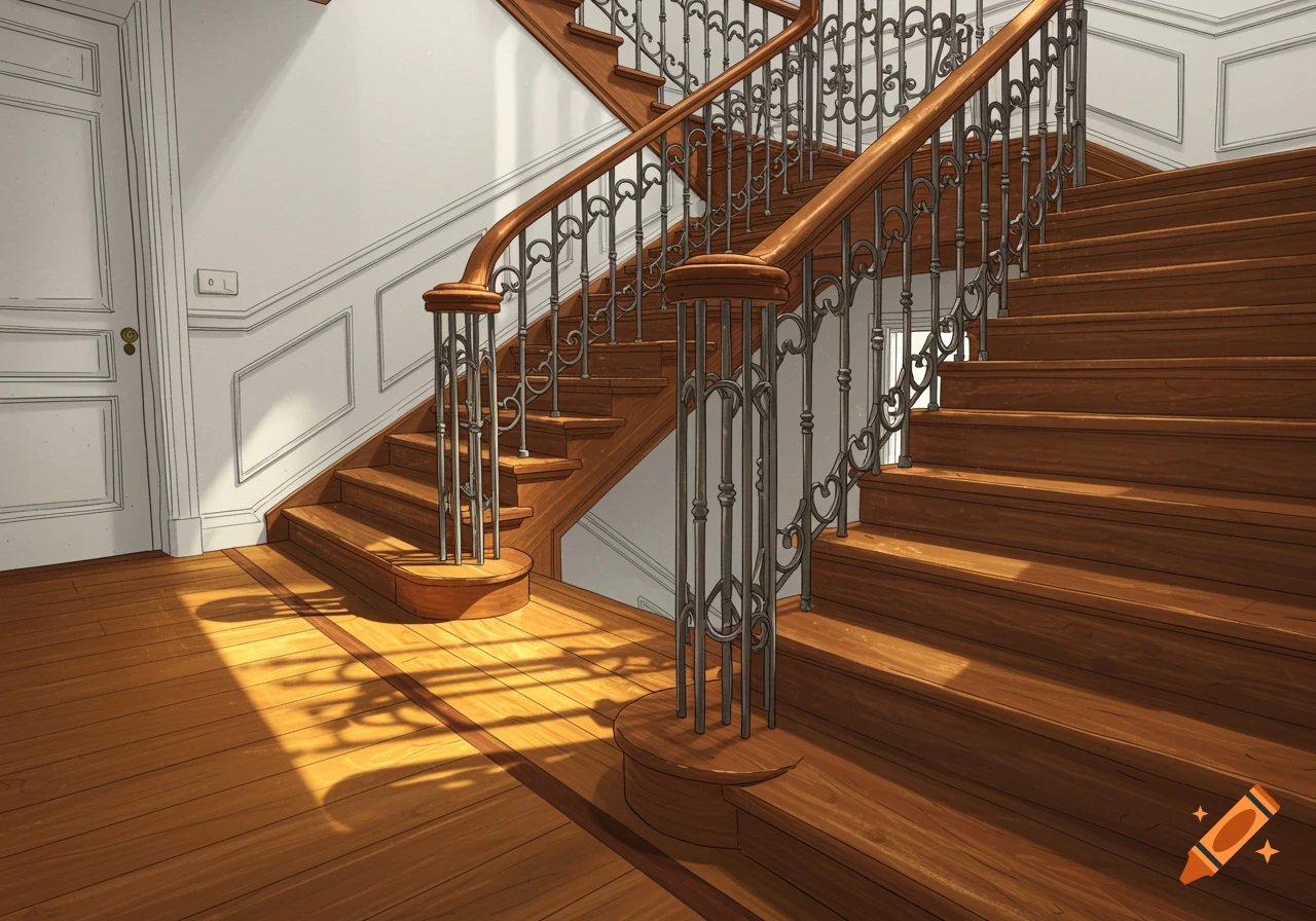 A Victorian-style wooden staircase with ornate metal railings, wooden floors, and white walls, with sunlight spilling onto the floor.