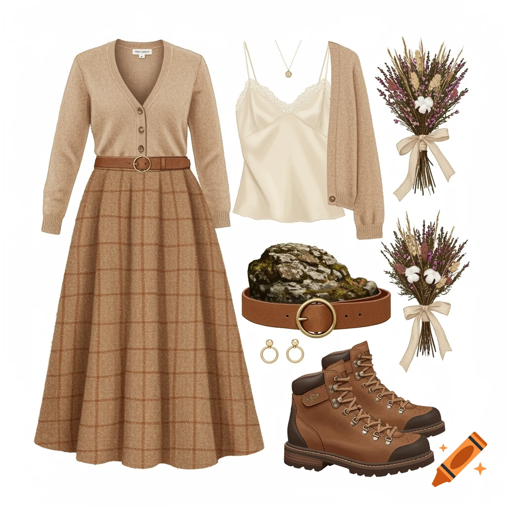 A flat lay of a rustic Highland bridal outfit: a brown plaid maxi skirt, beige cardigan, ivory camisole, belt, hiking boots, and dried flower bouquets.