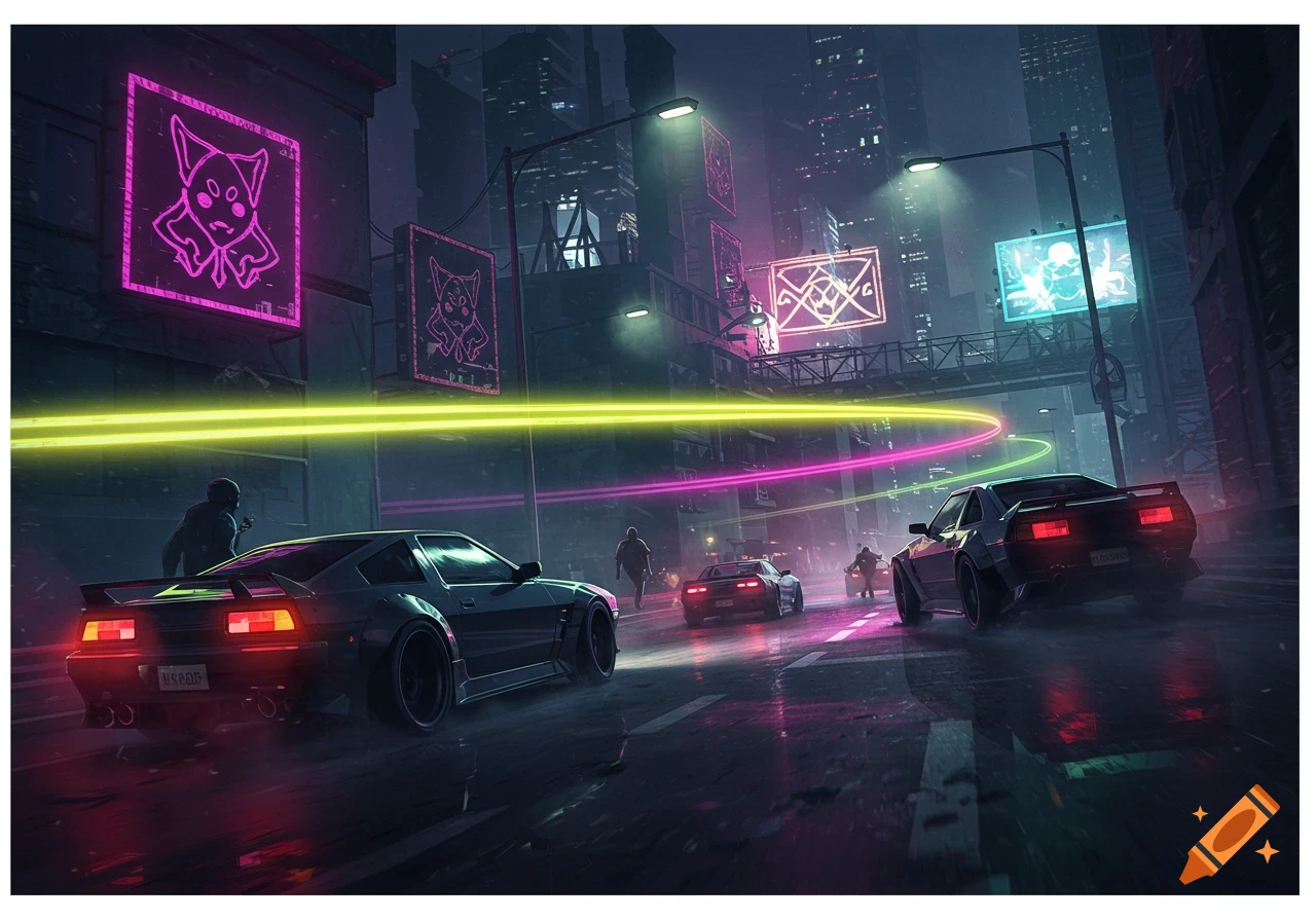 A cyberpunk city street at night, with multiple cars driving under bright neon signs and glowing light trails.