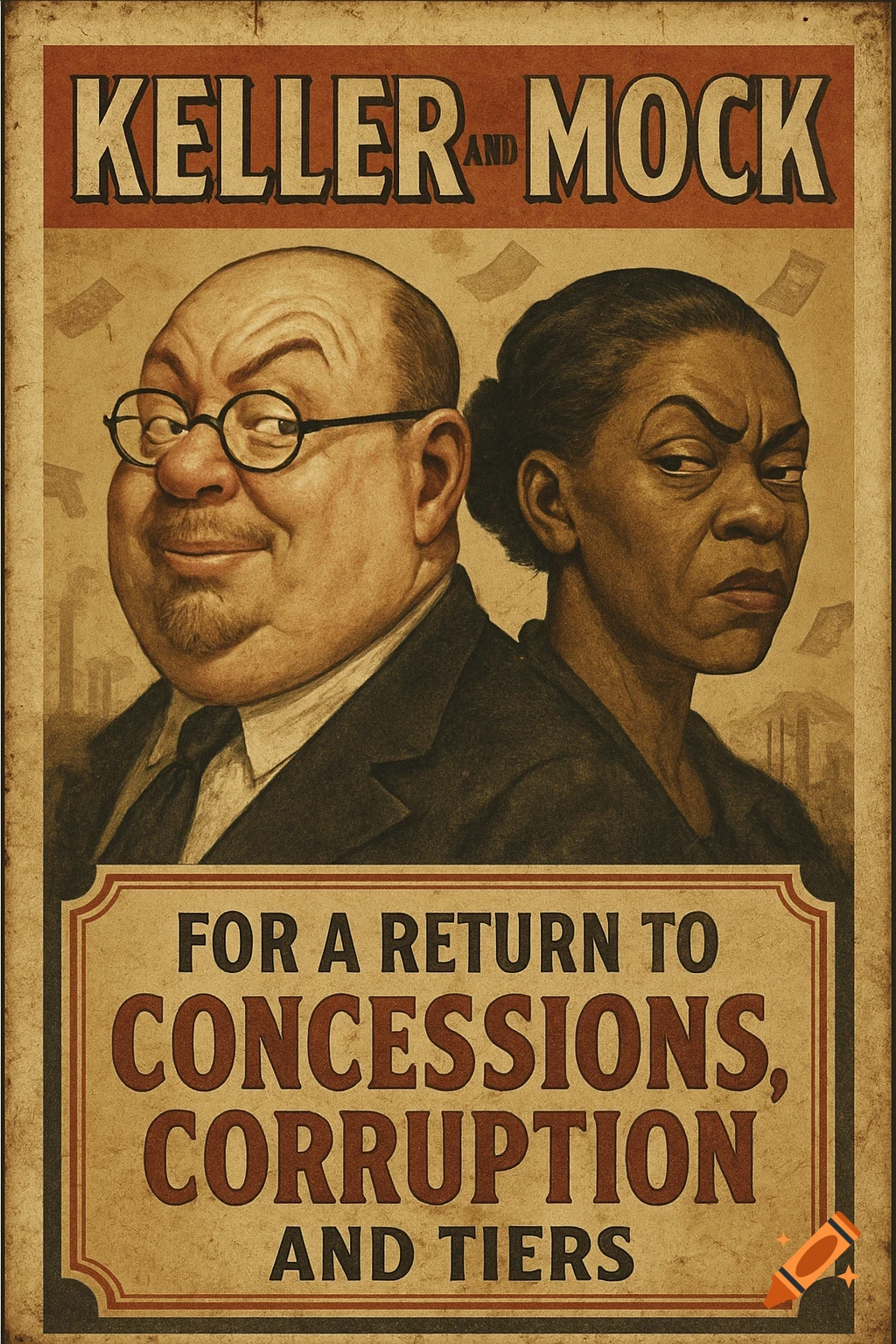 Vintage satirical political poster for 'Keller and Mock' featuring a balding white man and a Black woman, advertising 'concessions, corruption and tiers'.