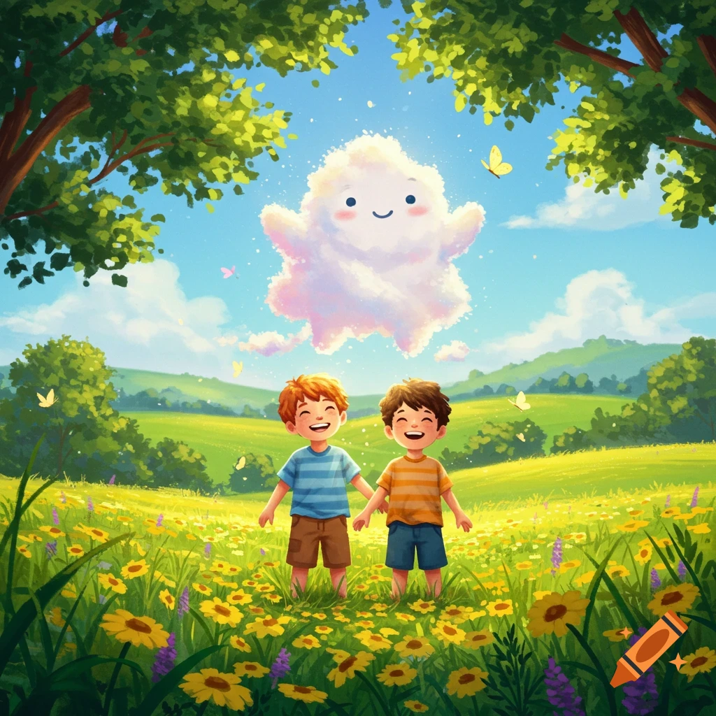 Two smiling boys stand in a sunny field of yellow flowers under a cheerful, friendly cloud in a bright illustration.
